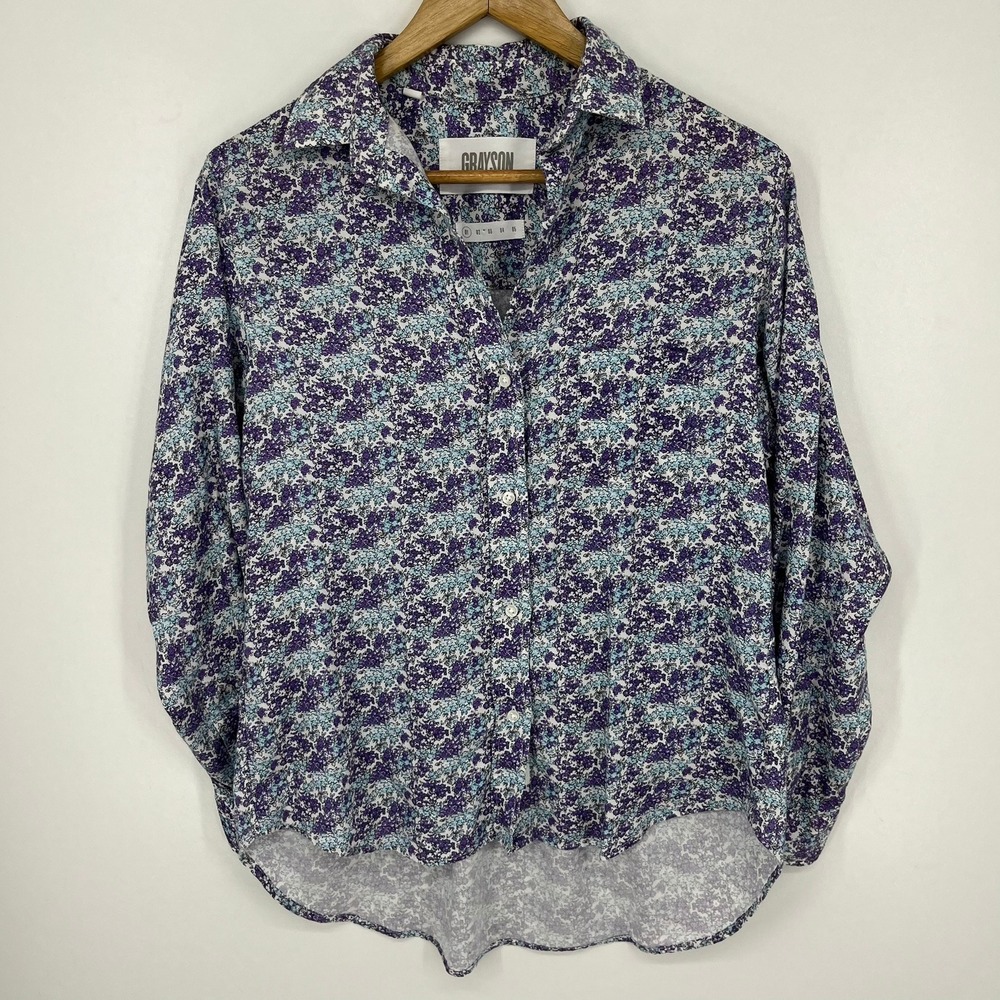 Grayson The Hero Purple Blue Floral Lyocell Button Down Shirt Womens Size 01